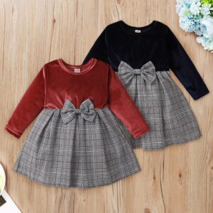 Girls Long-sleeves Bowknot Decor Plaid Dress