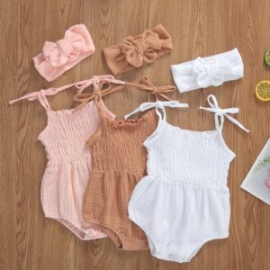 Girls Simple Solid Color Romper With Headband Set