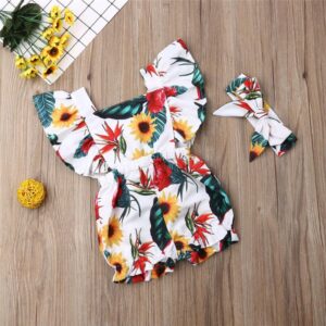 Girls Flower Pattern Stringy Selvedge Sleeveless Design Romper With Headband