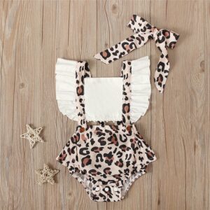 Girls Fashion Stringy Selvedge Design Leopard Pattern Romper With Headband