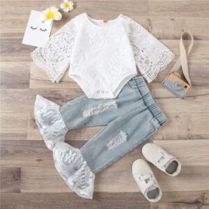 Girls Fashion Solid Color Lace Design Romper And Ripped Jeans Set