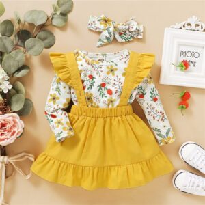 Girls Long-sleeves Flower Pattern Romper And Suspender Skirt With Headband