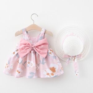 Girls Sleeveless Flower Pattern Bowknot Decor Dress And Hat Set