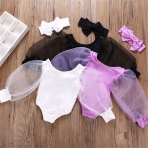 Girls Solid Color Mesh Long-sleeves Romper And Headband Set