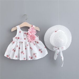 Girls Cherry Pattern Bowknot Flower Decor Slip Dress With Cap