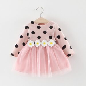 Girls Long-sleeves Polka Dot Flower Decor Fluffy Dress