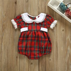 Girls Short-sleeves Lapel Design Plaid Romper