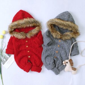 Children Hooded Fur Collar Knitted Jumpsuit