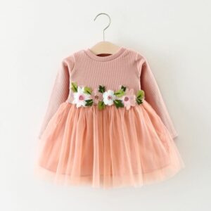 Girls Round Neck Flower Embroidery Design Mesh Fluffy Dress