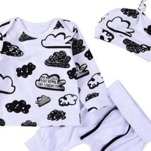 Baby Cute Cloud Print Top And Pants With Hat Set