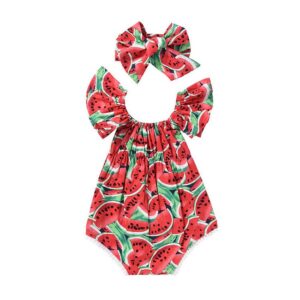 2pcs Sleeveless Watermelon Print Bodysuit With Headband