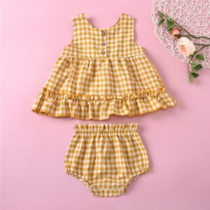 Girls Grid Pattern Sleeveless Crease Hem Romper And Shorts Set