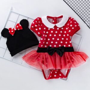 Girls Polka Dot Fluffy Mesh Decoration Romper And Cap Set