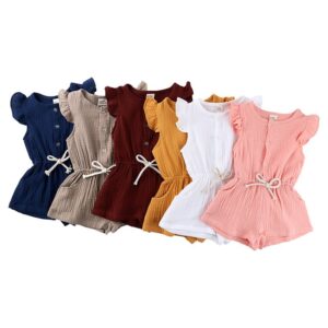 Baby Girl Solid Color Vertical Striped Lace-up Bodysuit