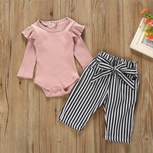 Girls Long-sleeved Romper And Striped Trousers Set