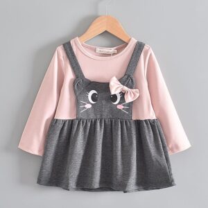 Girls Bowknot Cat Face Pattern Long-sLeeves Dress