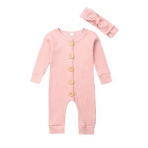Newborn Baby Knitted Solid Color Jumpsuit Clothes With Headband