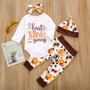 4pcs Kids Pumpkin Flower Letter Printed Headband And Romper And Pants With Cap