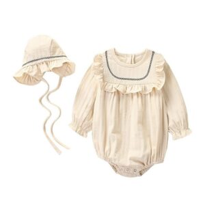 2 Pcs Vintage Style Baby Girls Embroidered Long Sleeves Bodysuit And Hat