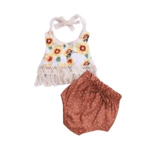2 Pcs Girls Sunflower Print Halter Tassels Tops And Triangle Shorts