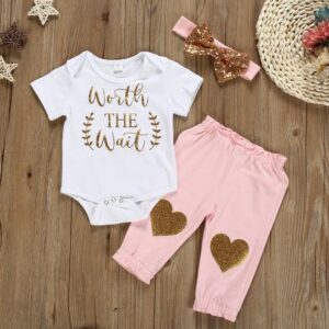Sweet Style Baby Girl Letter Print Bodysuit And Pants With Headband