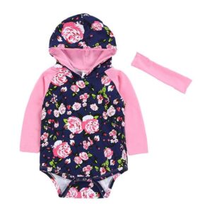 2 Pcs Set Baby Girls Floral Printed Long Sleeves Hooded Jumpsuit And Headband