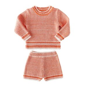 2 Pcs Elegant Girls Cotton Long Sleeves Knitted Tops And Shorts