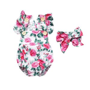 2 Pcs Set Baby Toddler Infant Foral Print Bodysuit And Headband