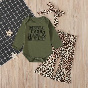 Baby Girl Letter Print Green Bodysuits And Leopard Pants Set