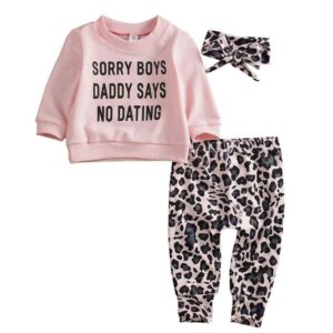 3 Pcs Baby Girl Clothing Set Pink Sweatshirts And Leopard Pants With Headband