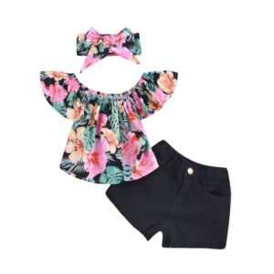 3 Pcs Girls Off-shoulder Flower Print Tops And Denim Shorts And Headwear