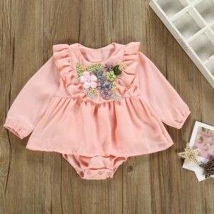 Baby Girl Applique Flower Pattern Dress Type Long Sleeve Bodysuit
