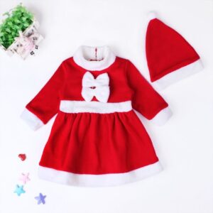 2 Pcs Christmas Set Toddler Kid Girl Santa Claus Pattern Dress With Hat