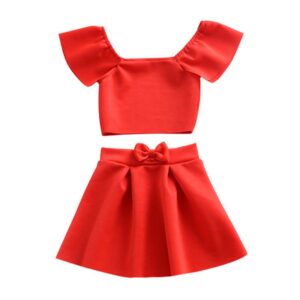 2Pcs Set Cotton Red Bowknot Tutu Skirts Off Shoulder Lovely Latest Design Tops For Girls