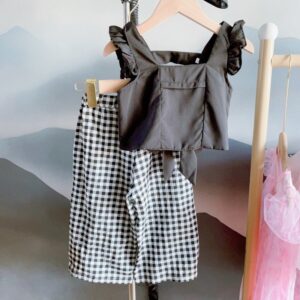 Kids Girls Edgy Square Neck Ruffled Blackless Camisole Top And Plaid Wide-leg Pants Two-piece Set