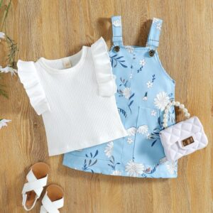 Kids Girls Sweet Round Neck Sleeveless Ruffled Top And Suspender Skirt Set