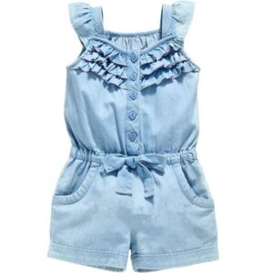 Kids Girls Basic Ruffled Solid Color Denim Flying Sleeves Bow Elastic Romper
