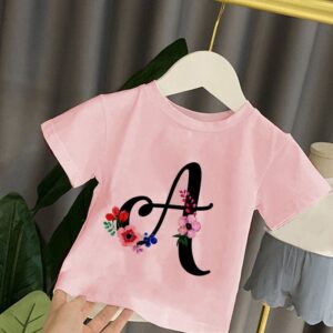 Kids Girls Casual Round Neck Short Sleeve Letter Plant Pattern Loose T-Shirts