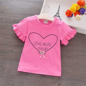 Baby Girls Basic Round Neck Letter Heart Pattern Puff Sleeve Stringy Selvedge T-Shirt