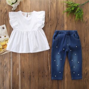 Kids Girls Casual Round Neck Flying Sleeve Top And Pearl Decor Elastic Denim Pants Set