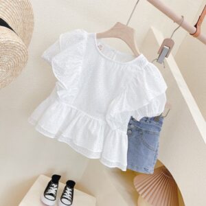Kids Girls Casual Lace Solid Color Ruffled Short Sleeve Blouse And Denim Shorts