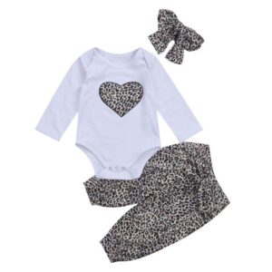 Kids Girls Casual Round Neck Long Sleeve Heart Leopard Pattern Romper And Pants With Headband Set