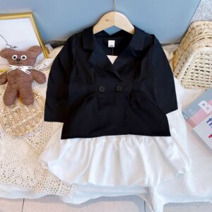 Kids Girls Casual Solid Color Lapel Short Sleeve Jacket And Elastic Skirt Set