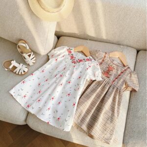 Kids Girls Pastoral Floral Embroidery Round Neck Puff Short Sleeve Sweet Loose Dress