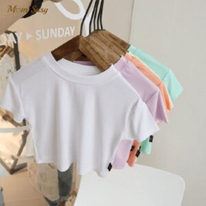 Kids Girls Simple Solid Color Round Neck Short Sleeve Loose T-Shirt