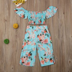 Kids Girls Casual Off-the-shoulder Elastic Flower All Over Print Tops And Pants Set