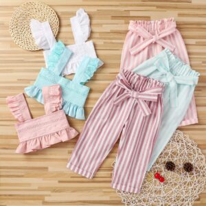 Kids Girls Basic Ruffled Lace Camisole And Elastic Striped Long Pants Set