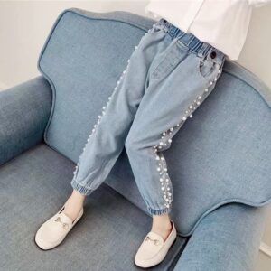 Kids Girls Sweet Simple Pearl Decor Elastic Denim Pants