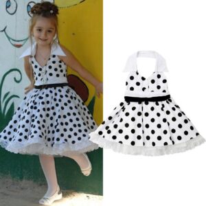 Kids Girls Basic Lapel Sleeveless Backless Polka Dot All Over Print Lace Design Dress