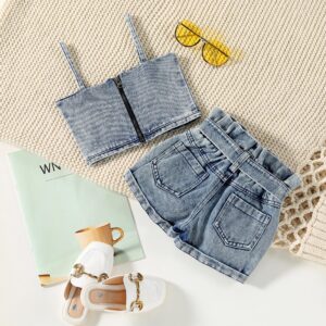 Kids Girls Basic Solid Color Slip Camisole And Denim Shorts With Belt